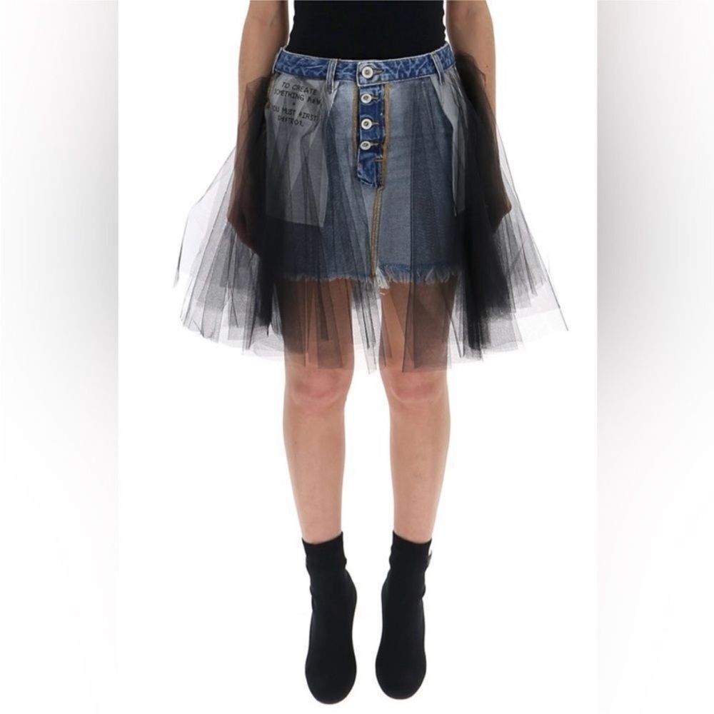 Unravel Project Stylish Denim and Black Tulle A-Line Skirt, XS